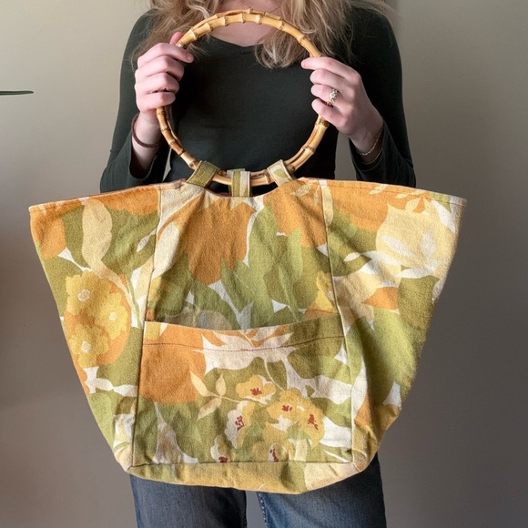 Floral Yellow Tote Bag with Bamboo Handles - Picture 3 of 7